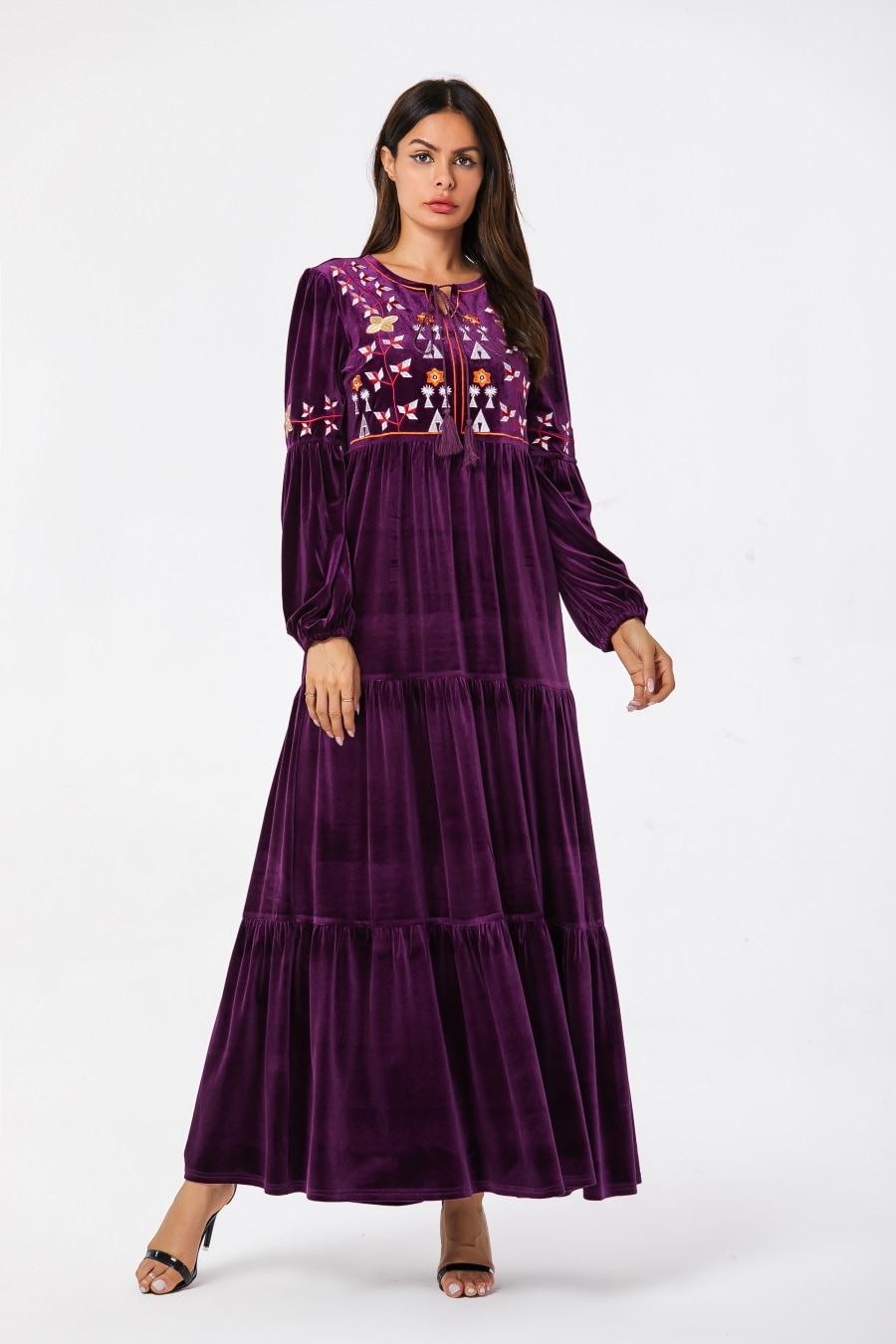 Siskakia Velvet Long Dress Casual Ethnic Floral Embroidery Maxi Dresses Full Sleeve Winter 2019 Swing Arabian Wears 26 Colors