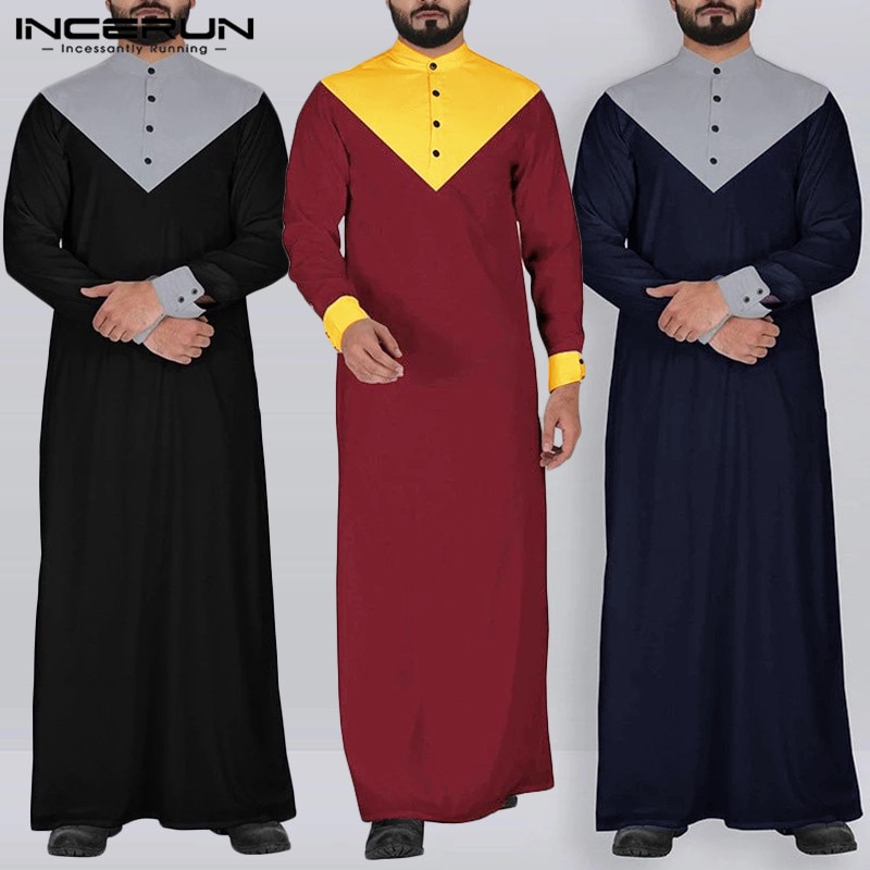 Vintage Men Robes Islamic Muslim Kaftan Stand Collar Jubba Thobe Retro Long Sleeve Color-block Men Indian Clothing S-5XL