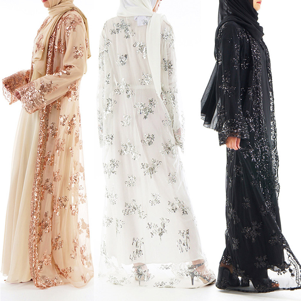 Luxury High Class Sequins Muslim Dress Embroidery Women Lace Sequin Cardigan Maxi Dress Kimono Open Abaya Robe Kaftan Dubai