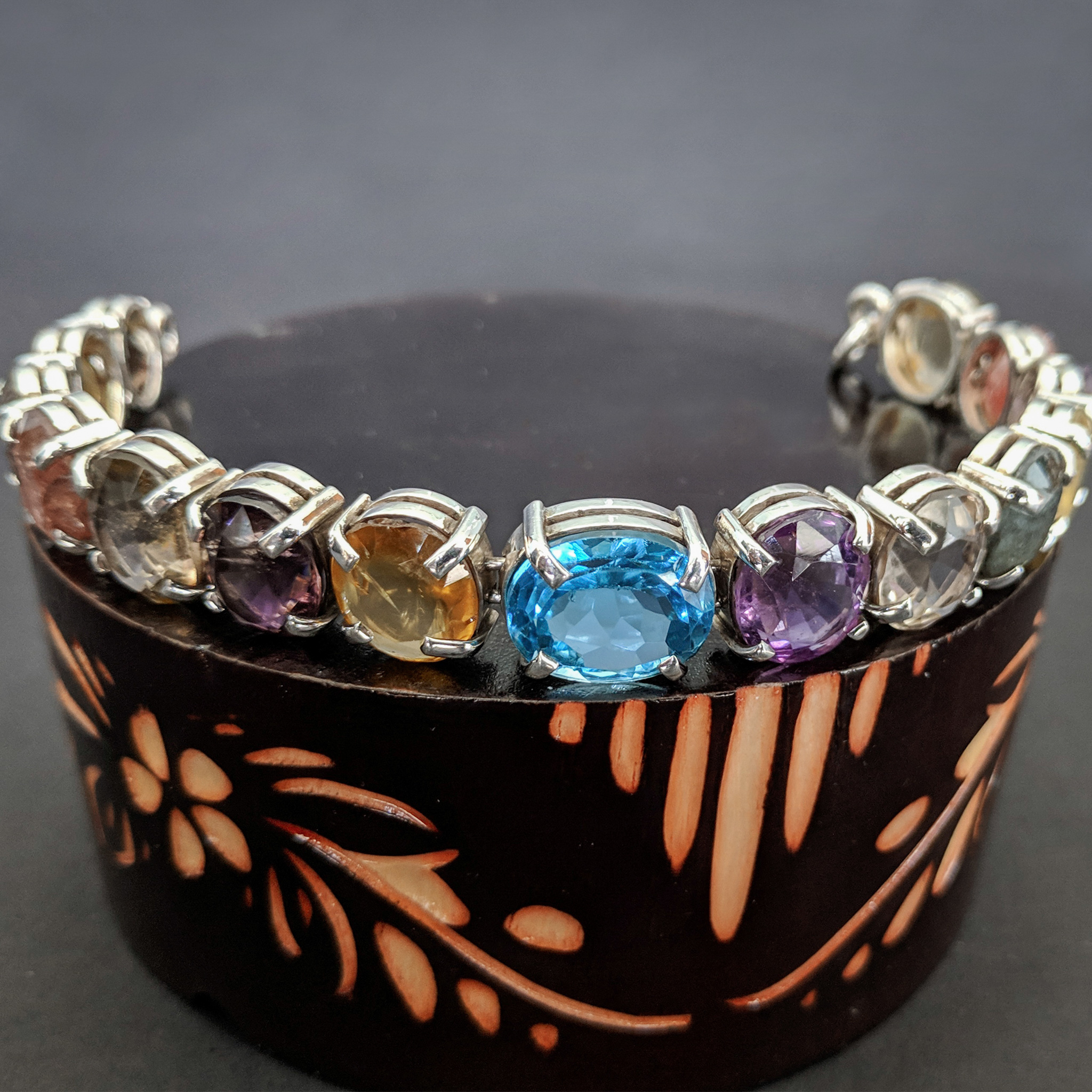 Multi Gem stone Bracelet Indonesian Etnic in Sterling Silver - Colorful Bracelet - Natural Gemstone - handmade