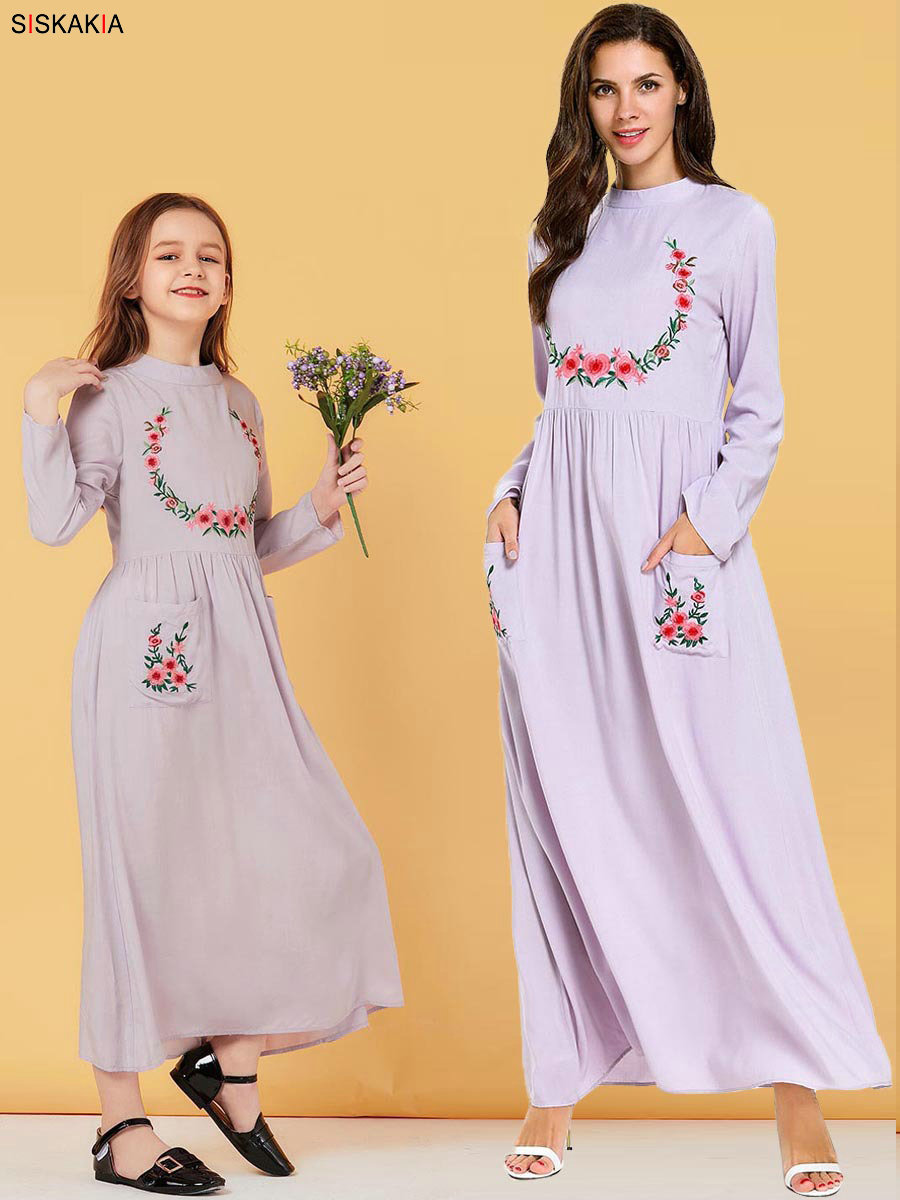 Mother Daughter Dresses Fall 2019 Cute Pockets Patch Floral Embroidery Full Sleeve Dress Elegant Family Matching Clothes Muslim