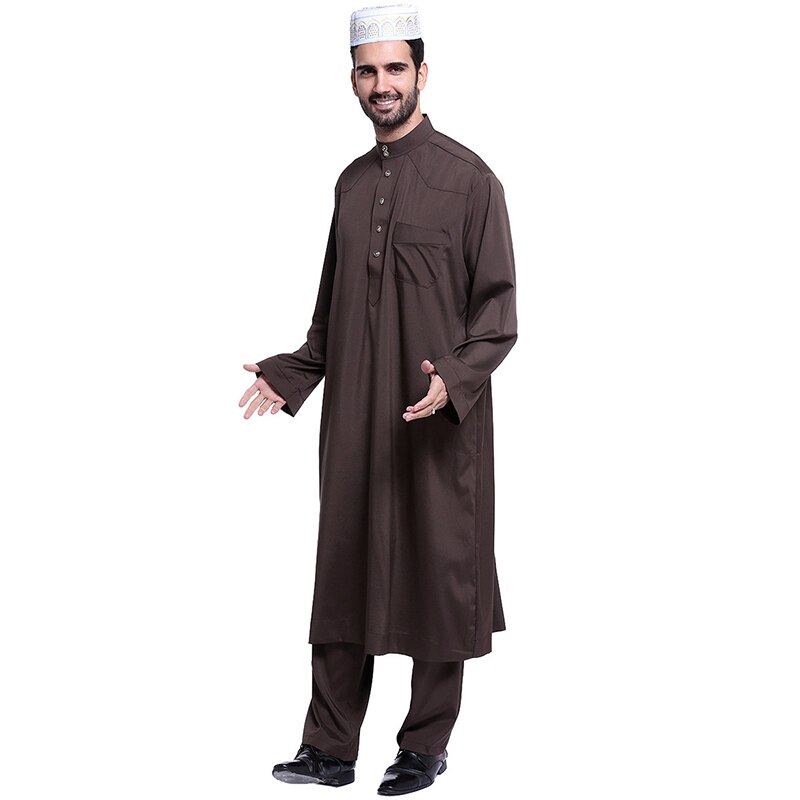 Muslim Islamic clothing men 2 piece set Robe Long Sleeve Button High Neck Long Pants Abaya Kaftan Saudi Arab Thobe