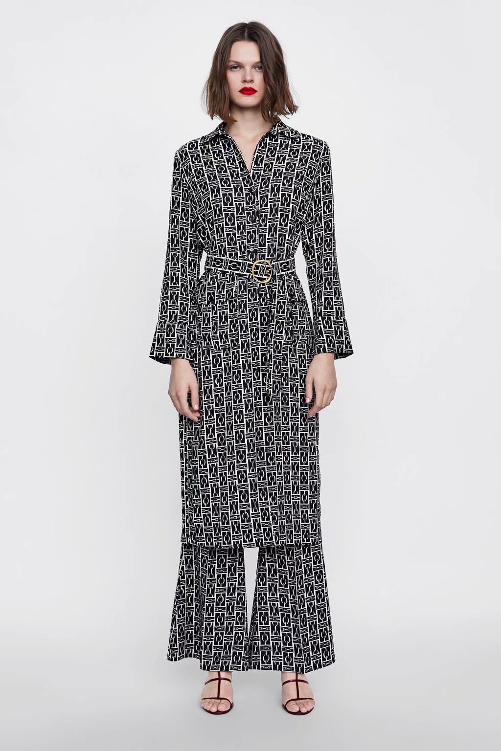 Office muslim lady wear women vintage long sleeve chain geometric print kimono sashes midi dress business vestidos casual
