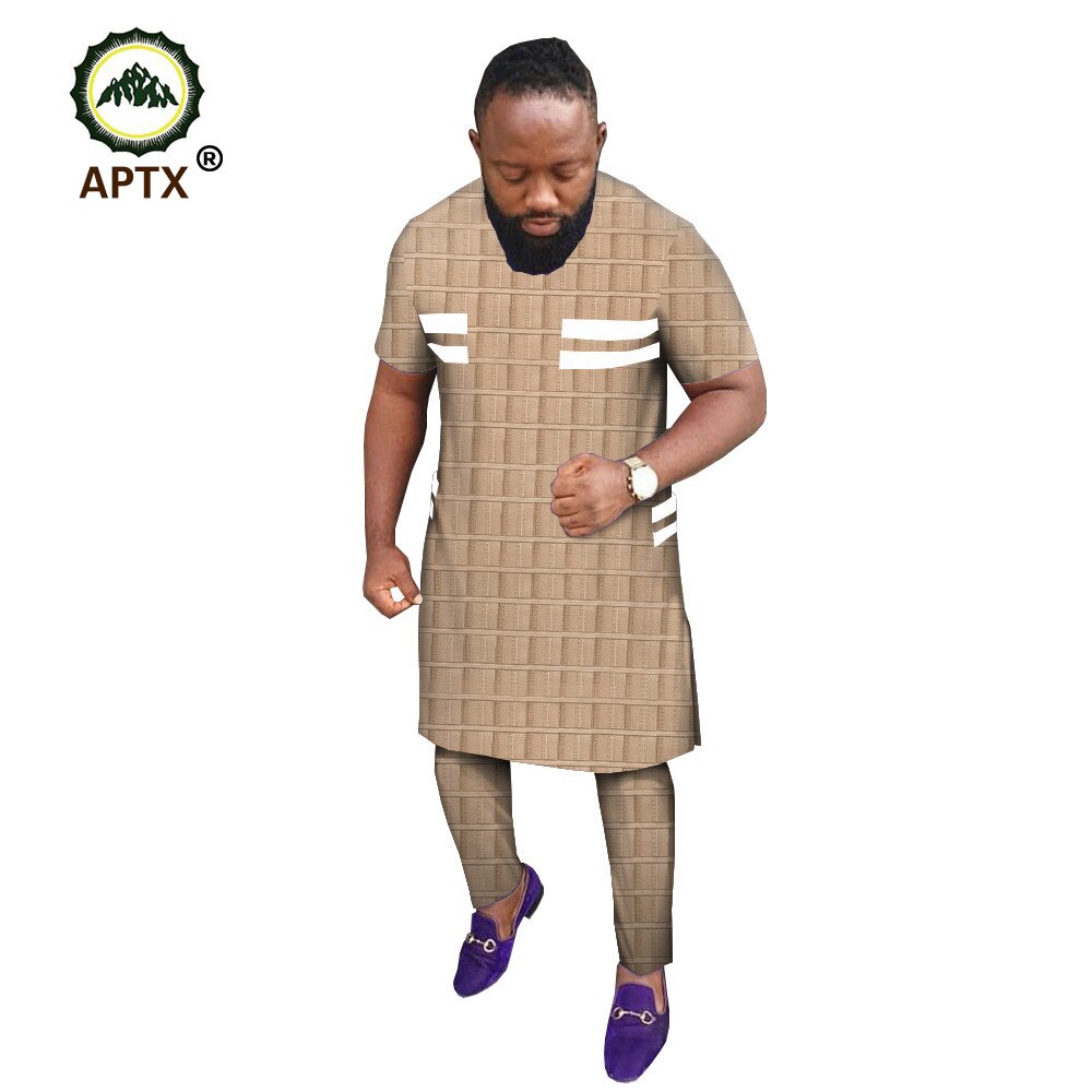APTX jacquard fabric cotton Muslim suit for men knee length top+ slim pants men's casual suit 100% cotton T1916008
