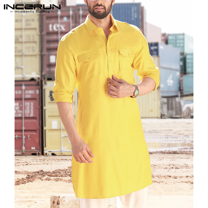 Men Shirt Solid Lapel Neck Long Sleeve Pockets Vintage Pakistan Muslim Clothing Long Shirts Men INCERUN Indian Clothing