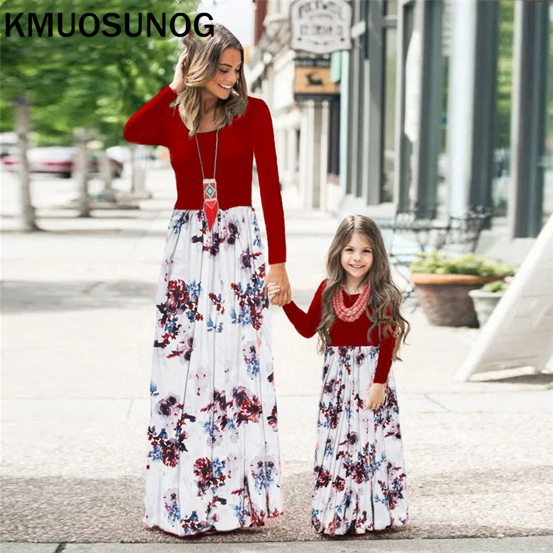 Autumn Mommy and me clothes Baby Girl clothes Patchwork Floral Stitching Long Dress Mother daughter dresses Family