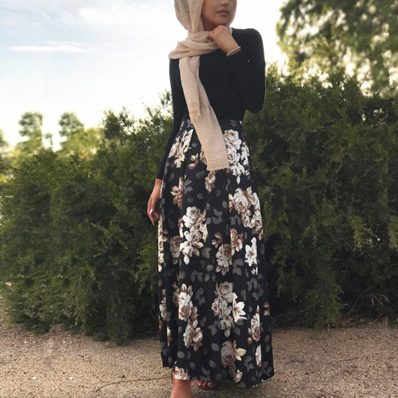 Plus Size Long UAE Abaya Turkish Dubai Kimono Muslim Women Boho Floral Bodycon Hijab Maxi Skirt Skirts Faldas Mujer Jupe Femme