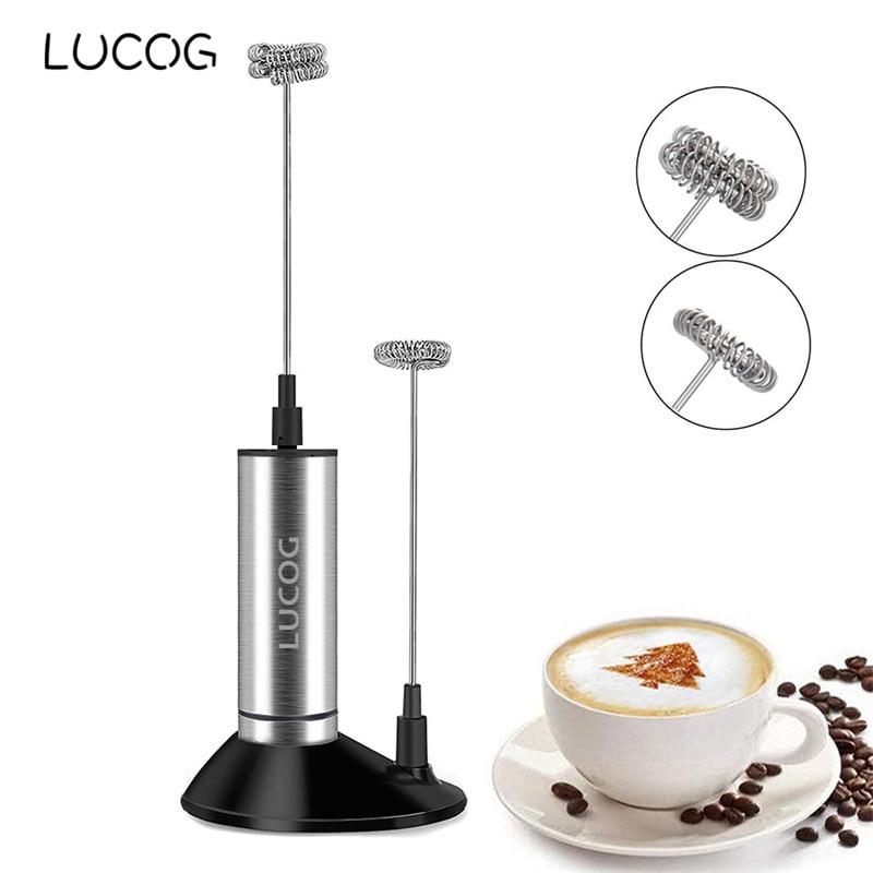 LUCOG Powerful Double Spring Whisk Electric Milk Frother Kitchen Mixer Hand Milk Foamer for Coffee Latte Cappuccino with Stand