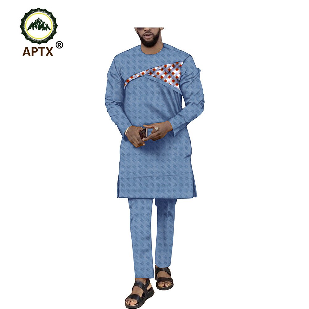 APTX Muslim cotton suit for men jacquard fabric full sleeves side slit top+ slim pants men's casual suit T1916003