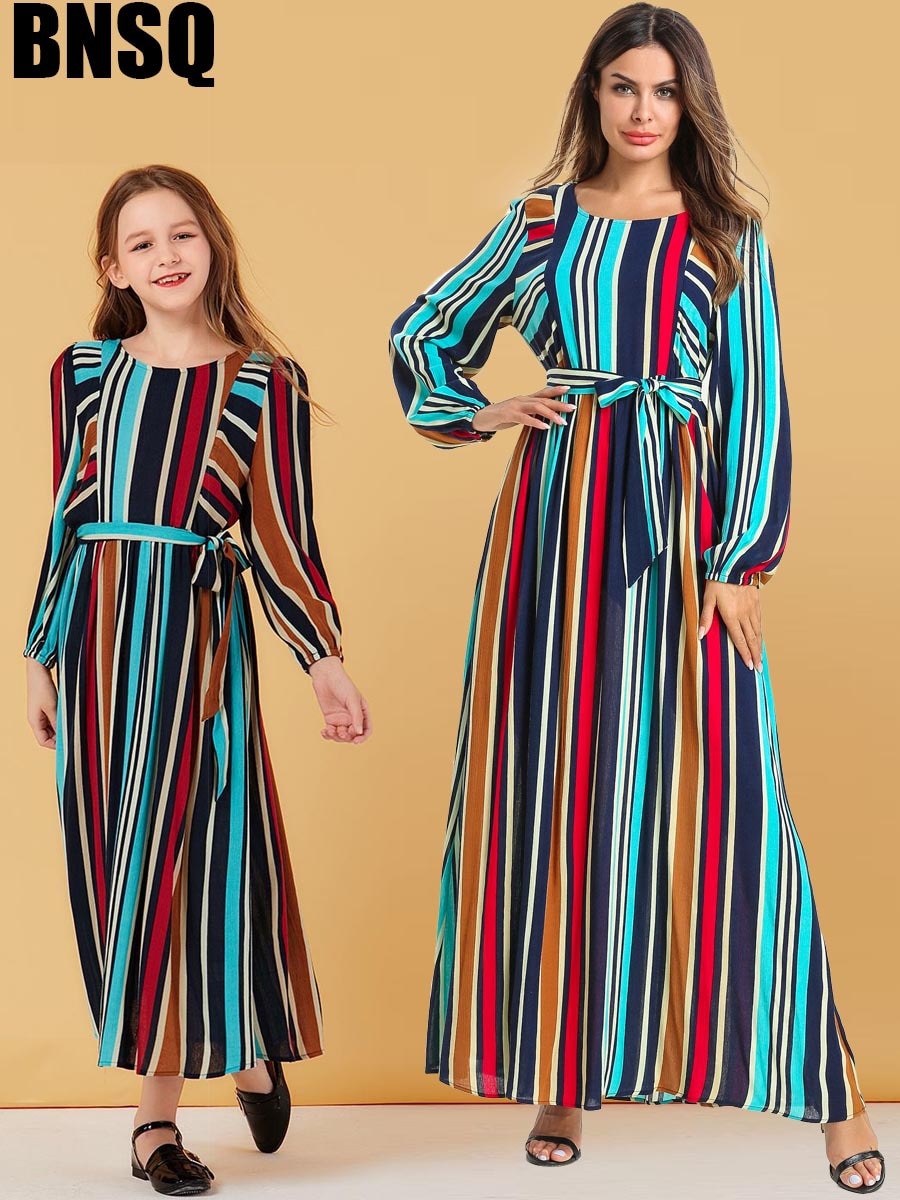 colorful stripe with belt long sleeve casual dresses for girls sisters mother daughter fashion matching outfit Muslim long dress