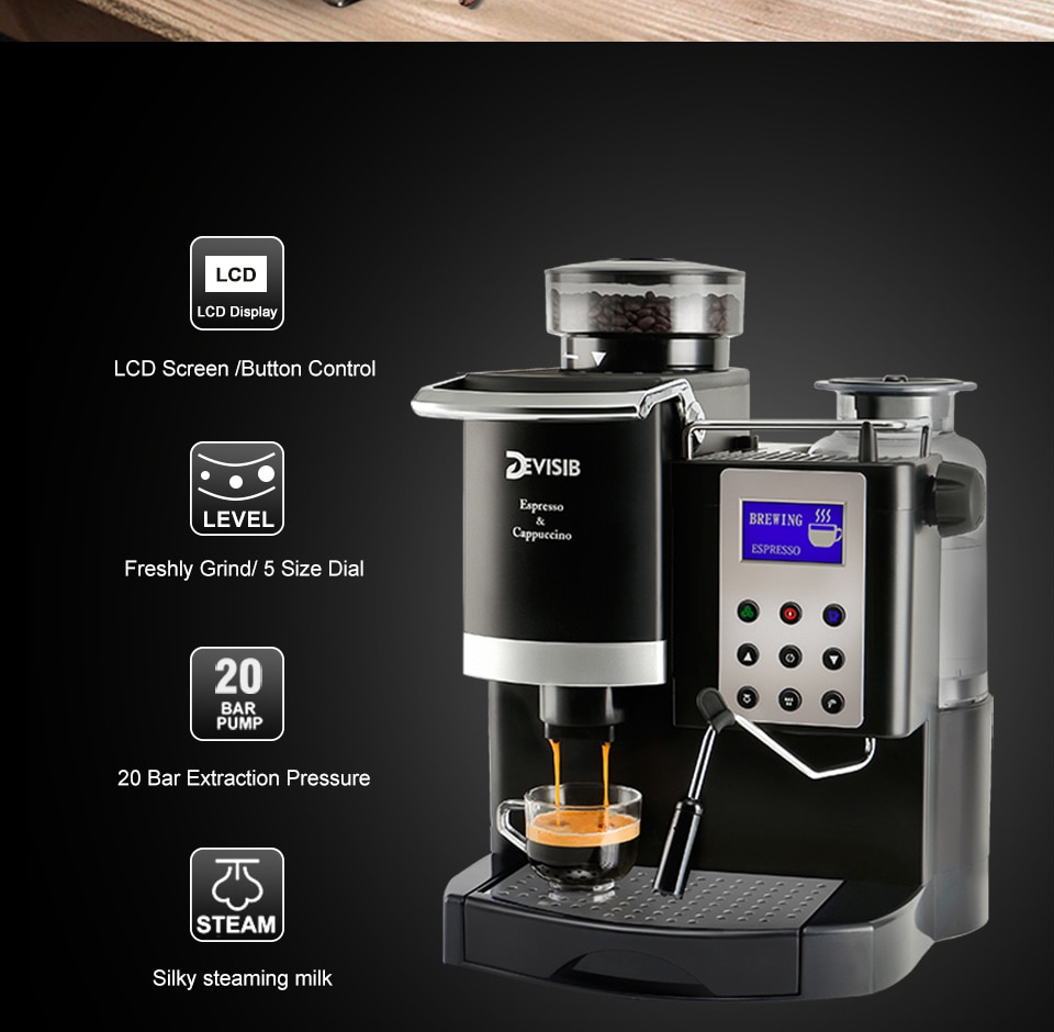 EVISIB Professional All-in-One Automatic Espresso Coffee Machine Americano Maker 220V/110V with Bean Grinder and Milk Frother