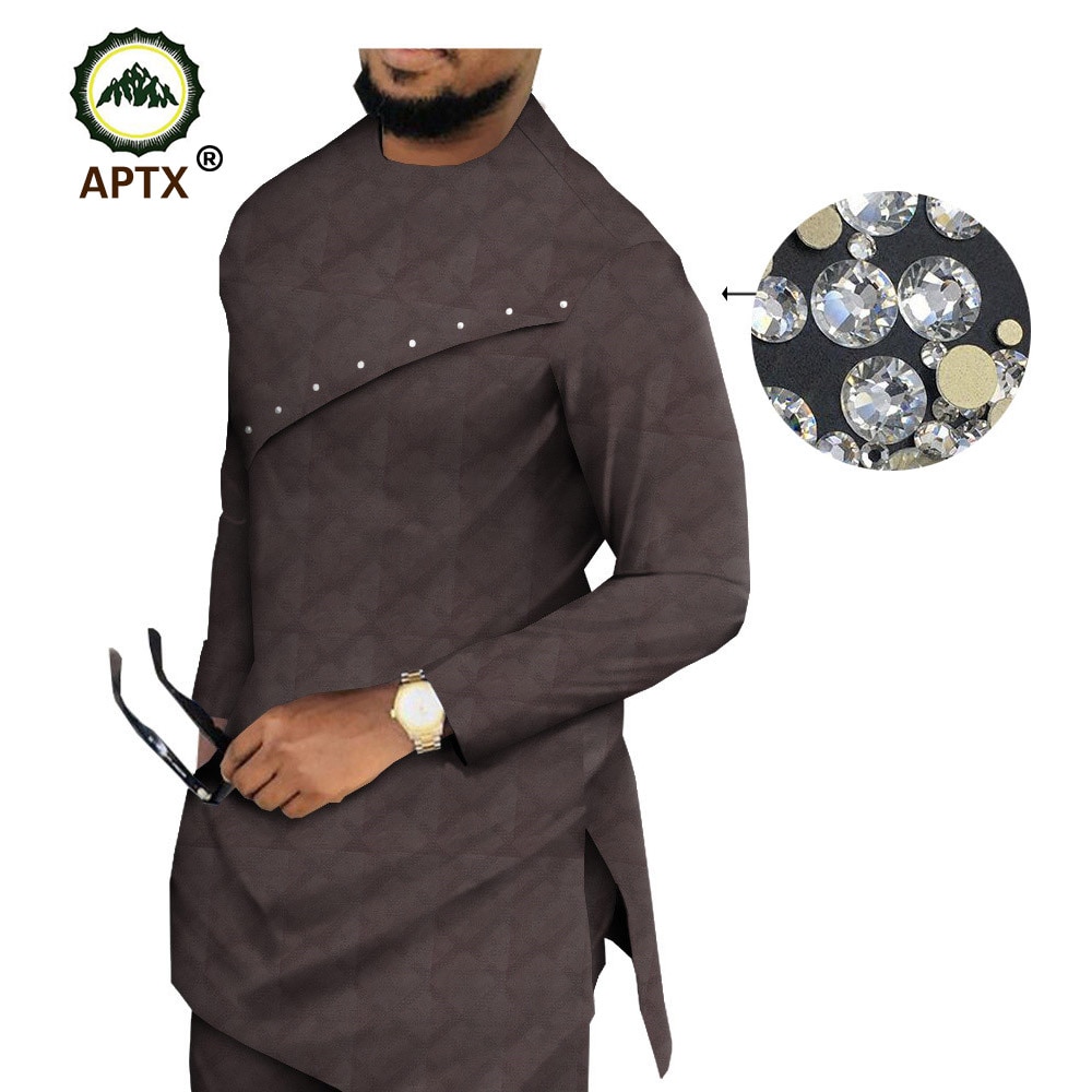 APTX Muslim cotton suit for men jacquard fabric full sleeves side slit top+ slim pants men's casual suit T1916004