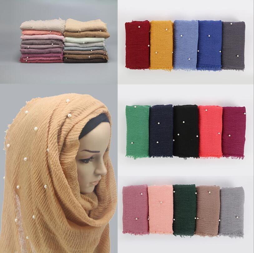 Long Chiffon Scarves Pearl Wrap Hijabs For Women Plain Color Head Shawl For Islamic Women Muslim Headscarf Wrap phasmina Solid