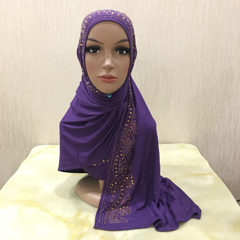 H1429 fashion modal elastic jersey cotton long scarf with rhinestones islamic hijab womens headwrap