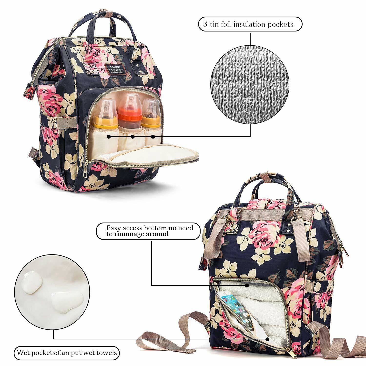 Mummy Bag/Backpack Nappy Baby Diaper Large Size Travel&Nursing Handbag Multi-Function Flower Printed Dark ver.
