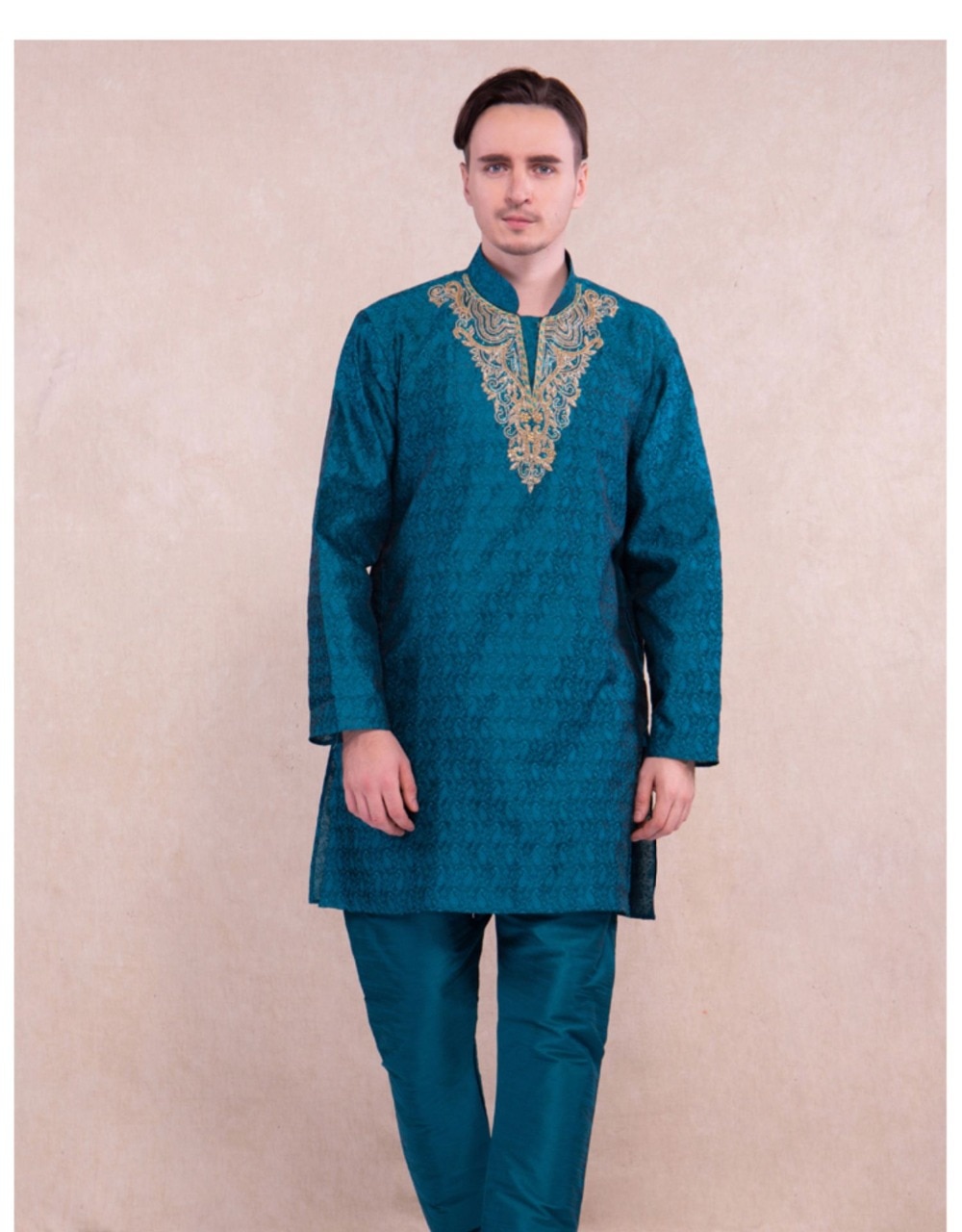 Man Muslim Suits Fashion Ethnic India Embroidery Sets Cotton New India Loose Blue Long Sleeves Thin Sets