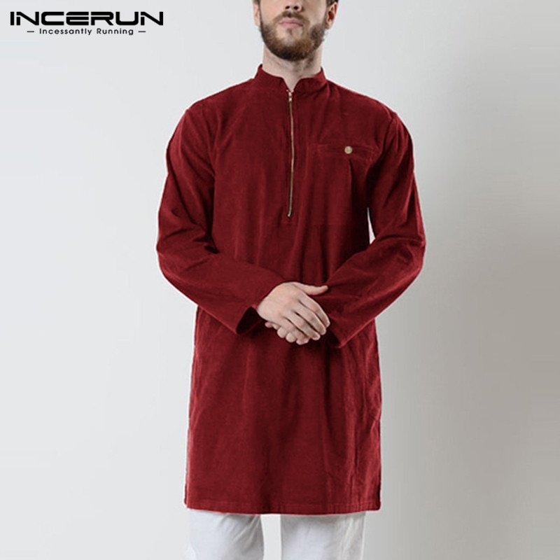 Men Shirts Indian Suit Long Sleeve Zipper Vintage Casual Stand Collar Solid Long Shirts Men INCERUN Muslim Clothing