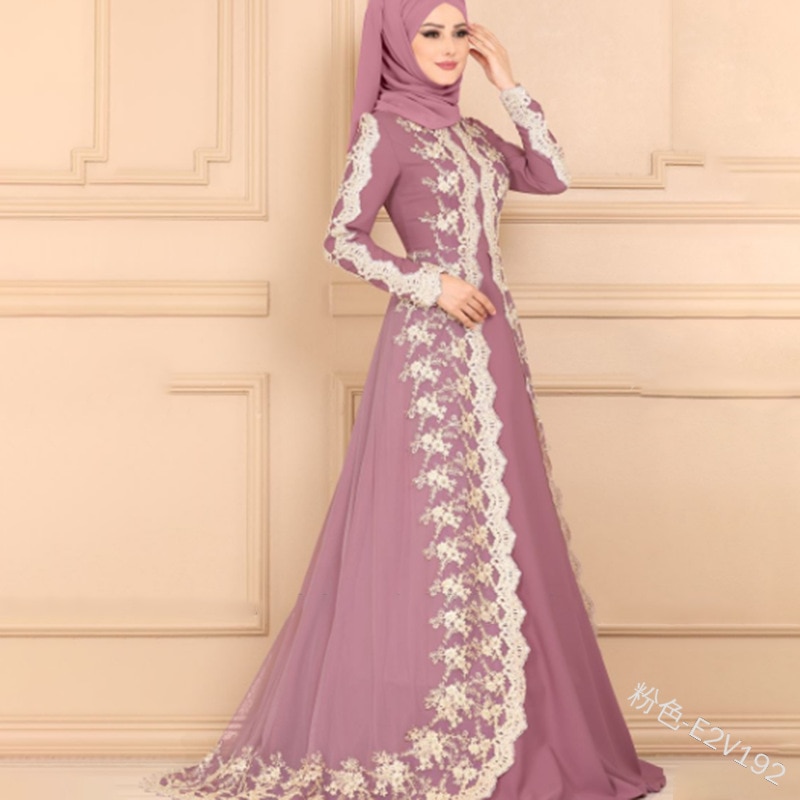 Muslim Middle Eastern ethnic long skirt lace stitching slim dress Dubai Turkey Arab Qatar UAE Ramadan Islamic Clothing
