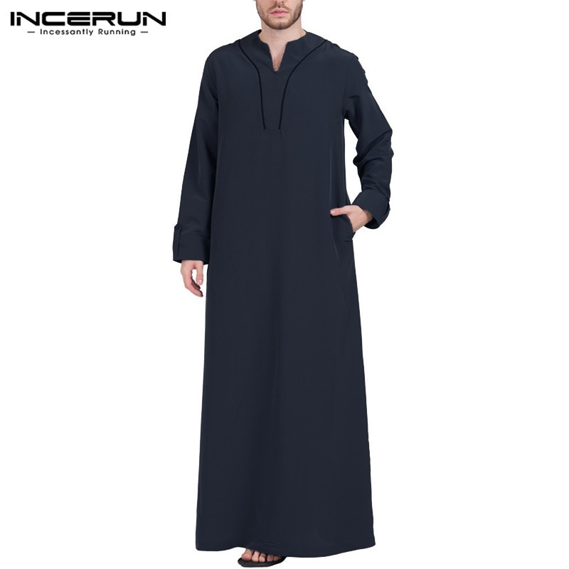 Arabic Islamic Kaftan Men Muslim Clothing Loose Long Sleeve V Neck Men Robes Dubai Saudi Arabia Abaya Jubba Thobe