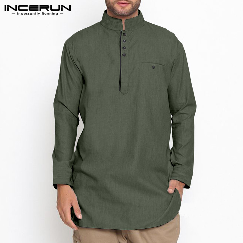 Vintage Men Shirt Cotton Stand Collar Long Sleeve Button Solid Color Long Shirts Men Suit Muslim Clothing 5XL