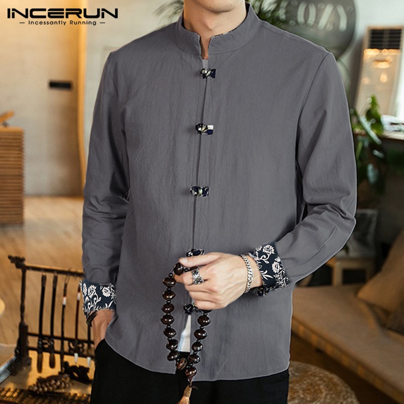 Chinese  Muslim Traditional Shirt Men Long Sleeve Solid Button Cotton Camisa Mandarin Collar Retro Casual Mens Shirt Streetwear