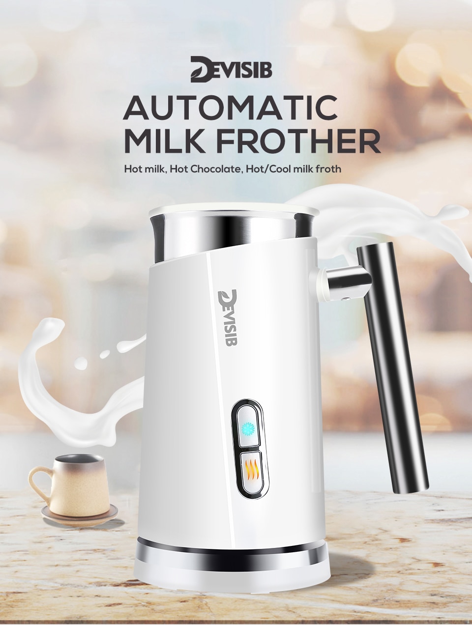DEVISIB Automatic Milk Frother Milk Steamer Electric Cappuccino Hot /Cold Coffee Stainless Steel CE/GS 220V 3 Year Warranty