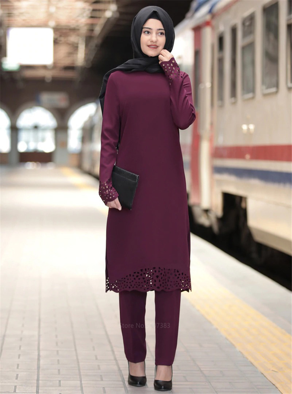 New Solid Islamic Woman Abaya Muslim Turkish Arabic Hollow Dress Mubarak Ramadan Prayer Clothing Long Sleeve Party Robe Kaftan