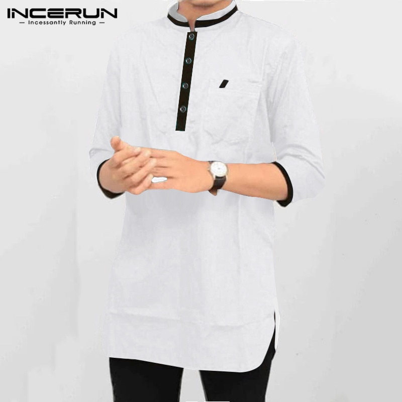 Men Muslim Shirt Indian Clothing Cotton Stand Collar 3/4 Sleeve Chic Vintage Patchwork Pockets Kurta Men Casual Shirts 3XL