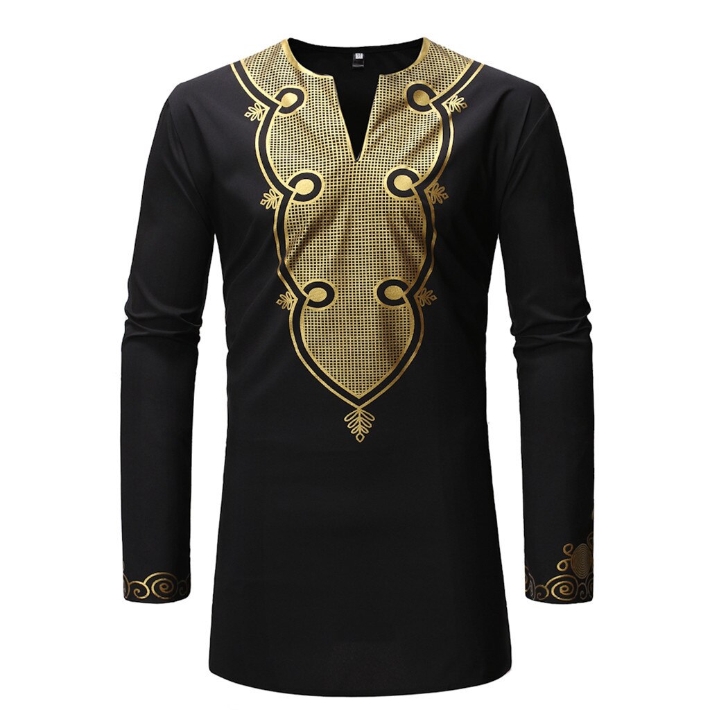 Muslim T Shirt Men's Autumn Spring Clothing Luxury African Print Long Sleeve Dashiki Shirt Henry Collar Casual Top Male Tee