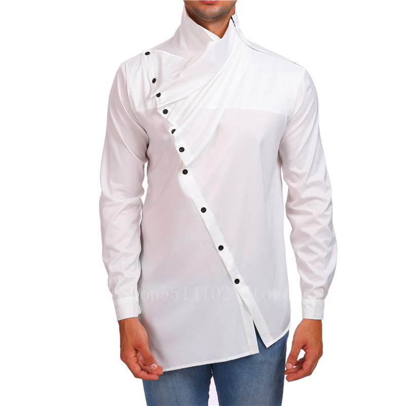Islamic Clothes Muslim Dress For Man Saudi Arab Dubai Abaya Jubba Thobe Solid Asymmetry Folds Stand Collar Top Blouse Shirt