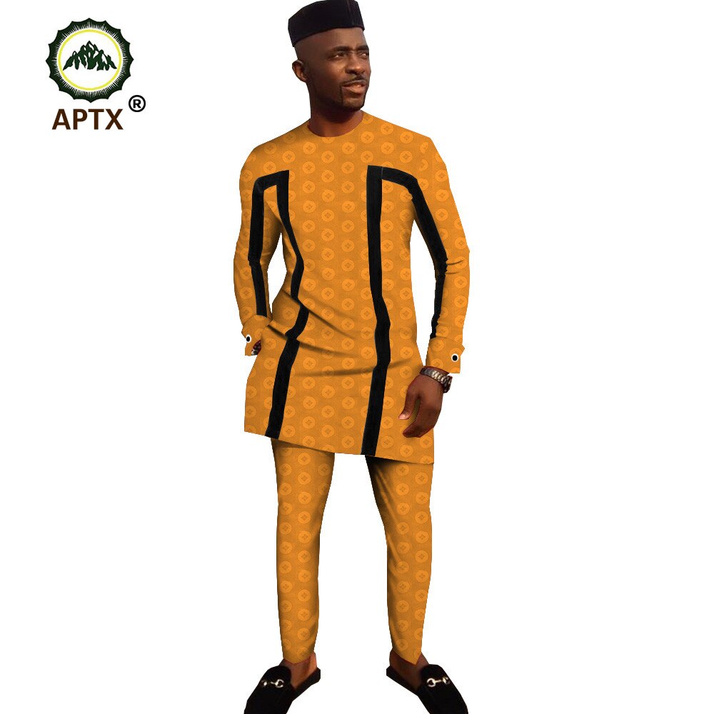 Muslim African traditional clothing for men 3 piece set solid dashiki tops+ankara pants +hat print bazin riche APTX T1916003