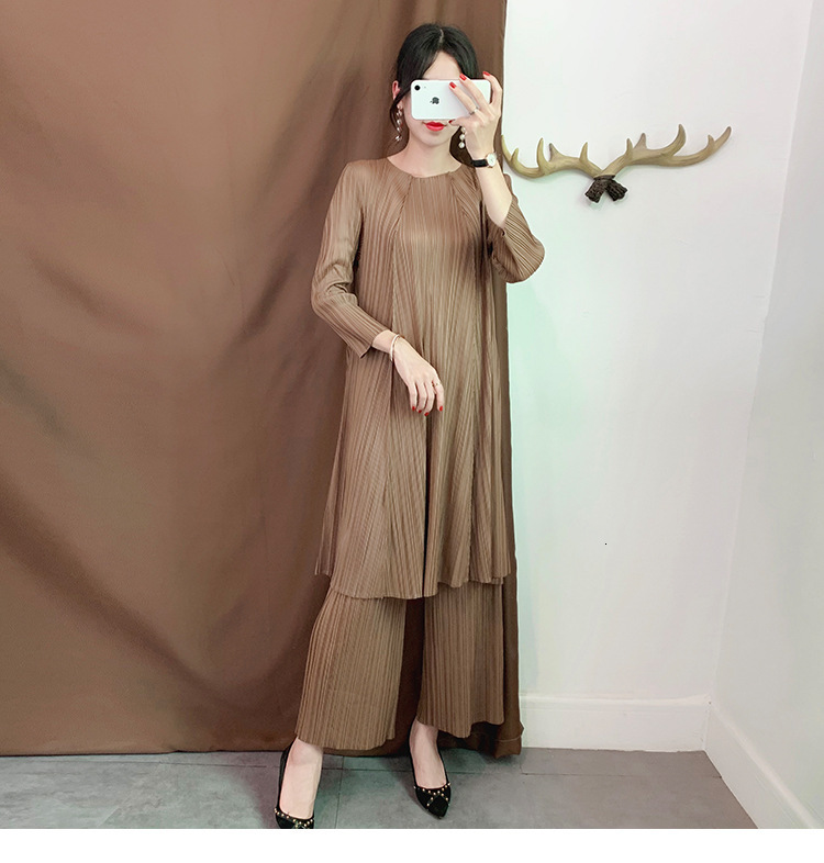 Muslim LANMREM new autumn pleated vintage women clothes round neck pullover loose dress and wide legs pants set two pieces WJ262