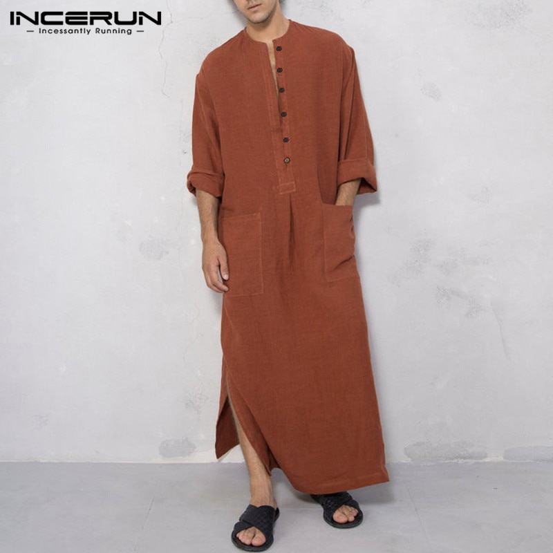 Vintage Men Islamic Arabic Jubba Thobe Long Sleeve Solid Pockets Robes Men Saudi Arabia Abaya Dress Muslim Kaftan