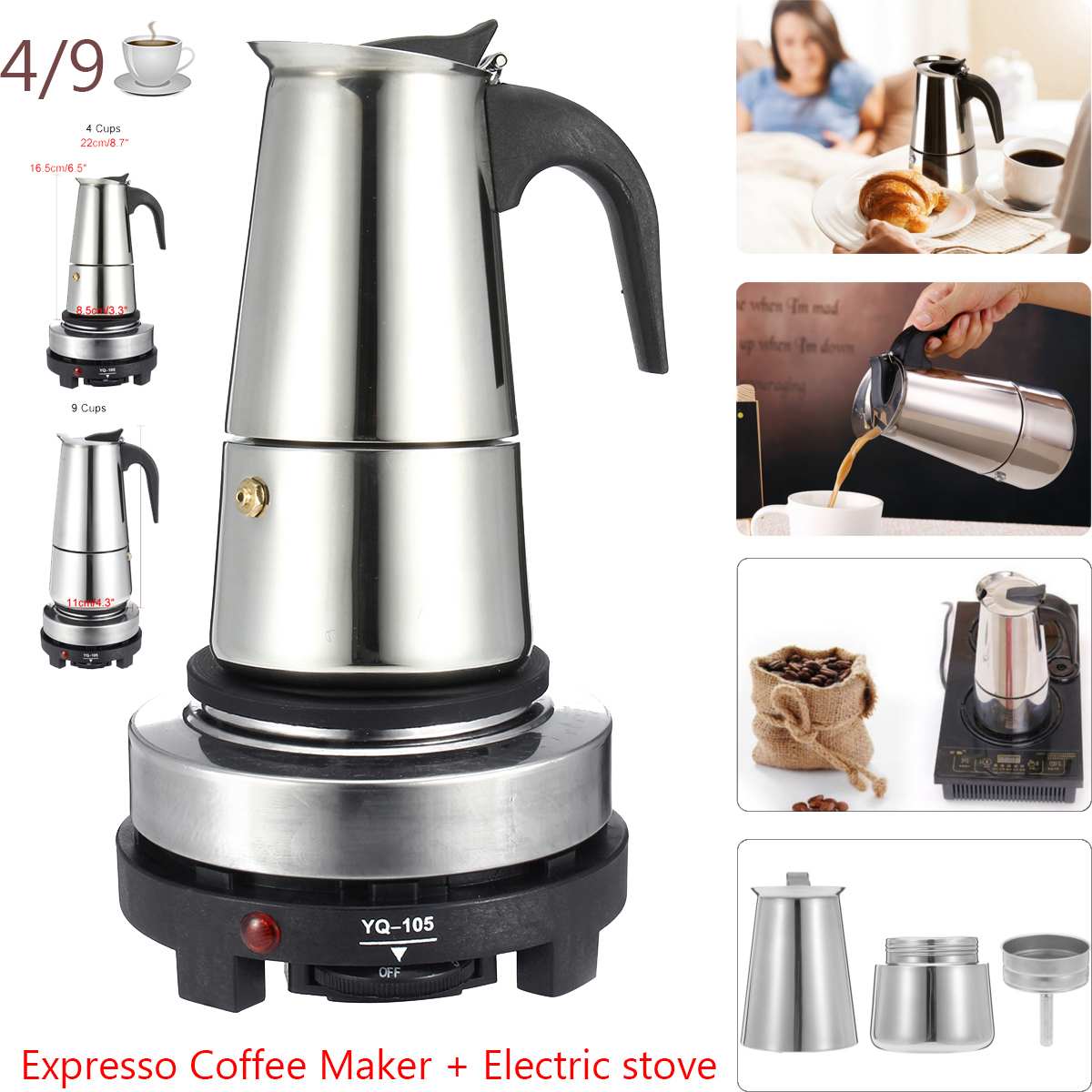 200ML Portable Espresso Coffee Maker Moka Pot Stainless Steel with Electric Cooker Filter Percolator Coffee Brewer Kettle