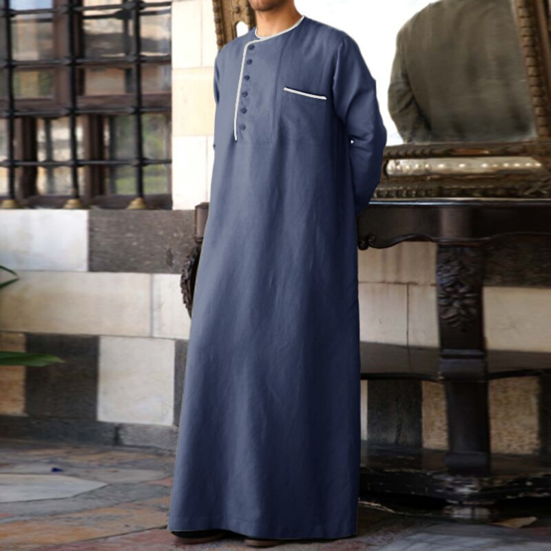 Muslim Clothes Men Arabic Islamic Kaftan Solid Color Long Sleeve Round Neck Men Jubba Thobe Loose Vintage Robes S-5XL