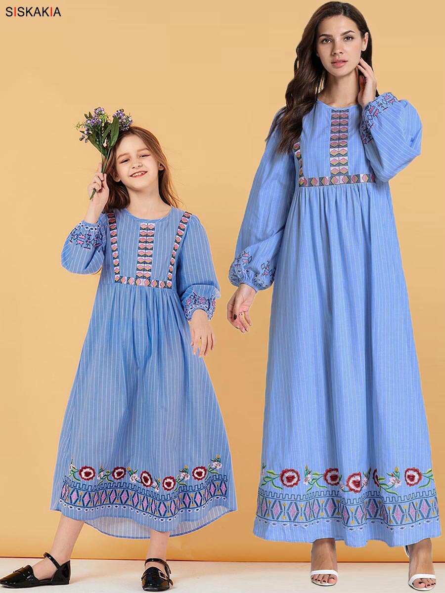 Mother and Daughter striped Embroidery Long Dress Muslim Parent Child Girl Casual Dresses Long Sleeve Plus Size Autumn