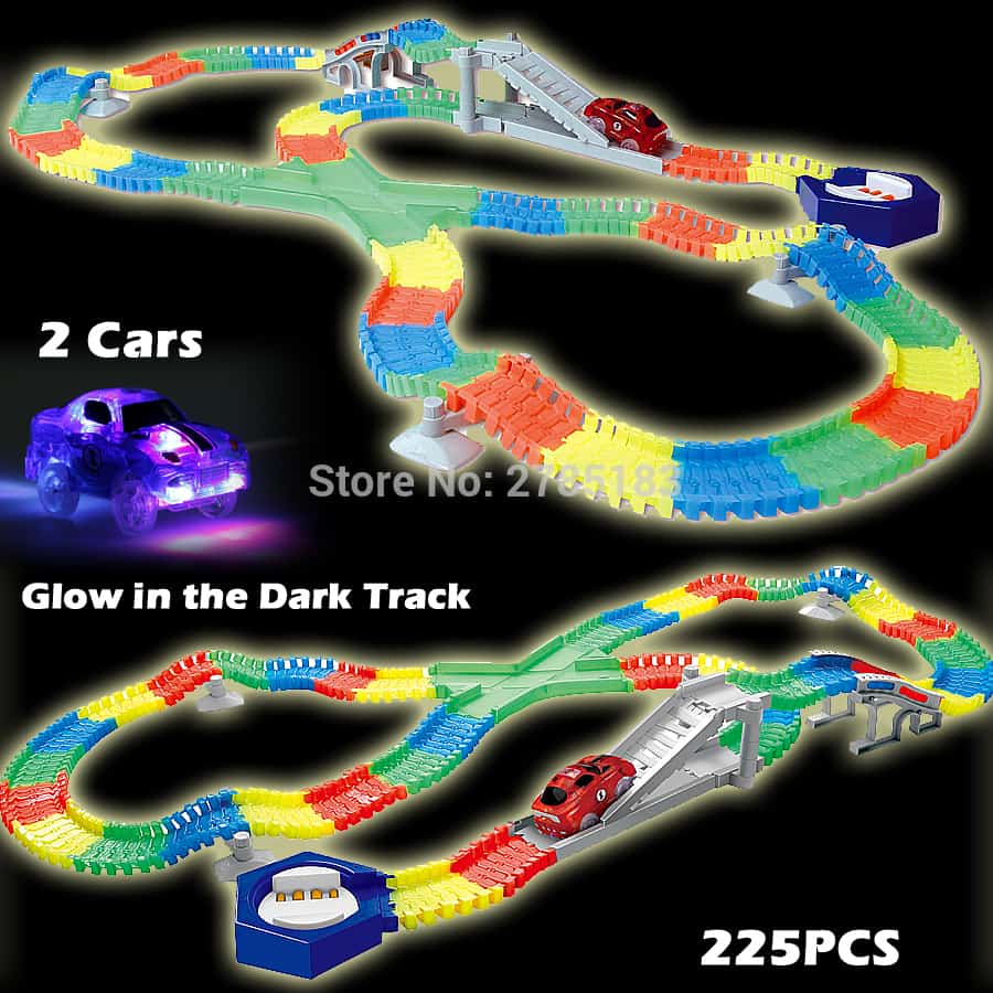 225PCS Slot Glow in the Dark Glow race track Create A Road Bend Flexible Tracks with 2PCS LED Light Up Cars Educational Toys
