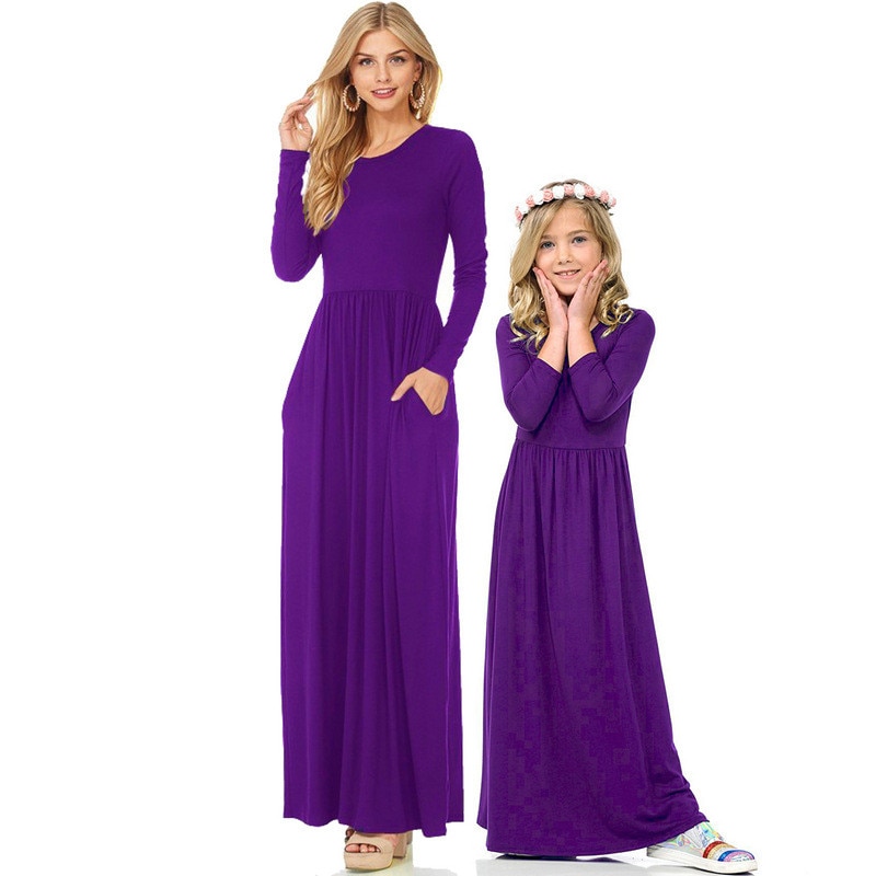 Autumn Mom and Daughter Dress Winter Solid Full Sleeve Ankle Length Dress Family Look Mother and Daughter Clothes C0531