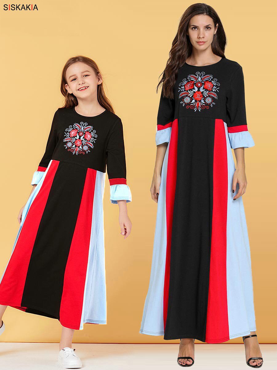 Siskakia Mama And Daughter Dress Long Family Matching Outfits Mother Big Girls Maxi Dresses Cotton Color Block Floral Embroidery