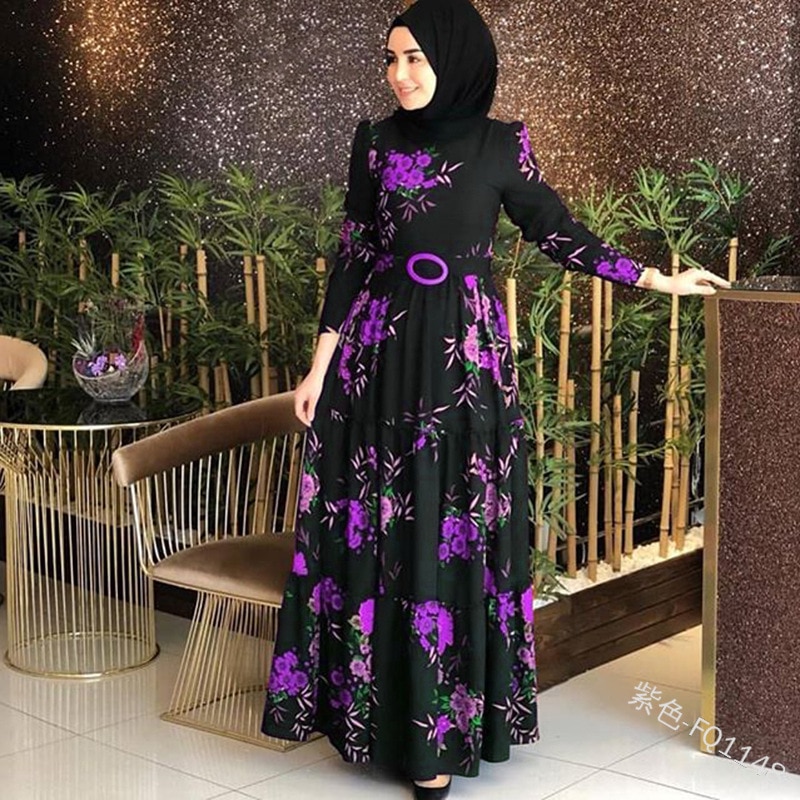 Fashion Women Dress Muslim Abaya Islamic Full Sleeve Floral Flower Casual Autumn Ruffles Ladies Long Maxi Dresses