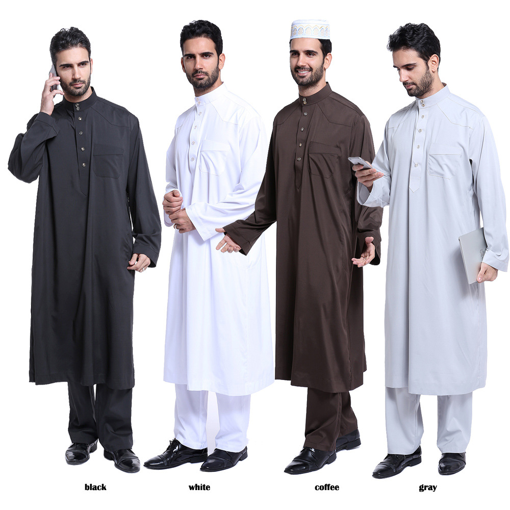 Adult Islamic Men Abaya Muslim Jilbab Clothing Men's Ethnic Jubba Thobe Middle East Arab Robes Set Thawb Turkey Gown Suits New