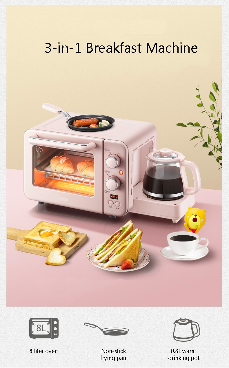 CUKYI Multifunction 3 in 1 breakfast machine 8L Electric mini Oven Coffee maker eggs frying pan household bread pizza oven grill