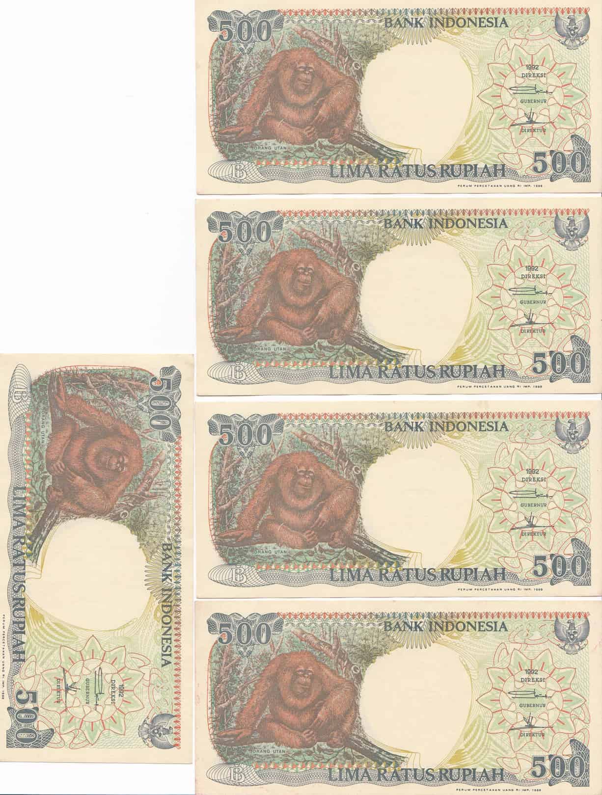 5x Indonesian Rupiah IDR 500 1992 Banknotes Paper Money - UNC - Running Serial Number