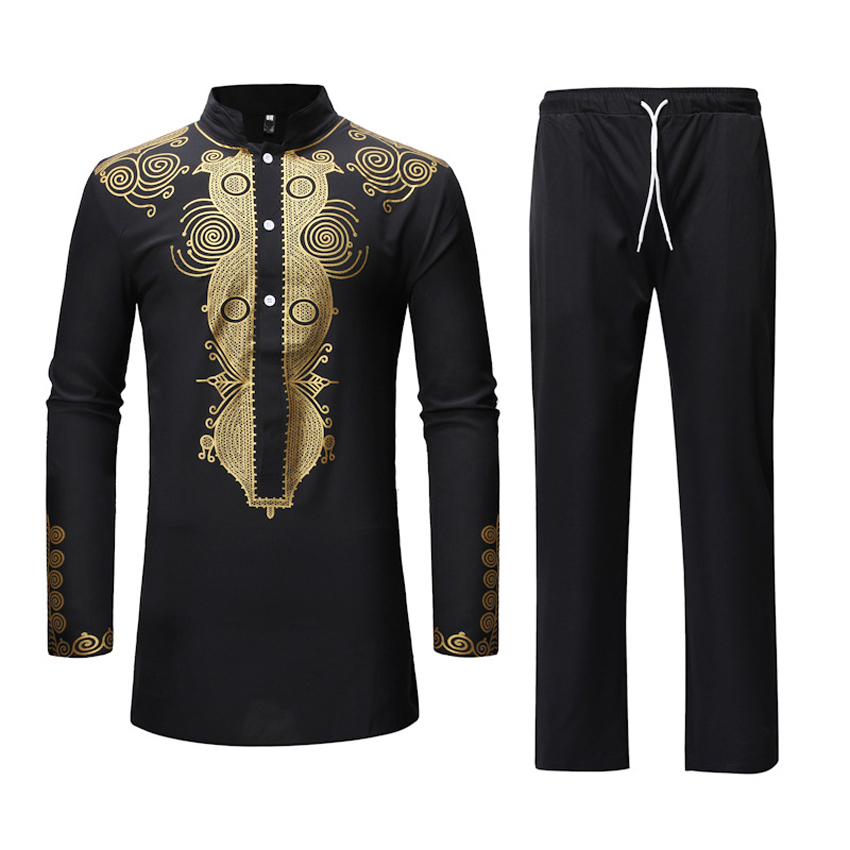 2pieces Islamic Clothing Set Black Dashiki 3D Print Shirt Tops Trousers for Man African Ethnic Dashiki T-shirt Cotton Bazin Riche