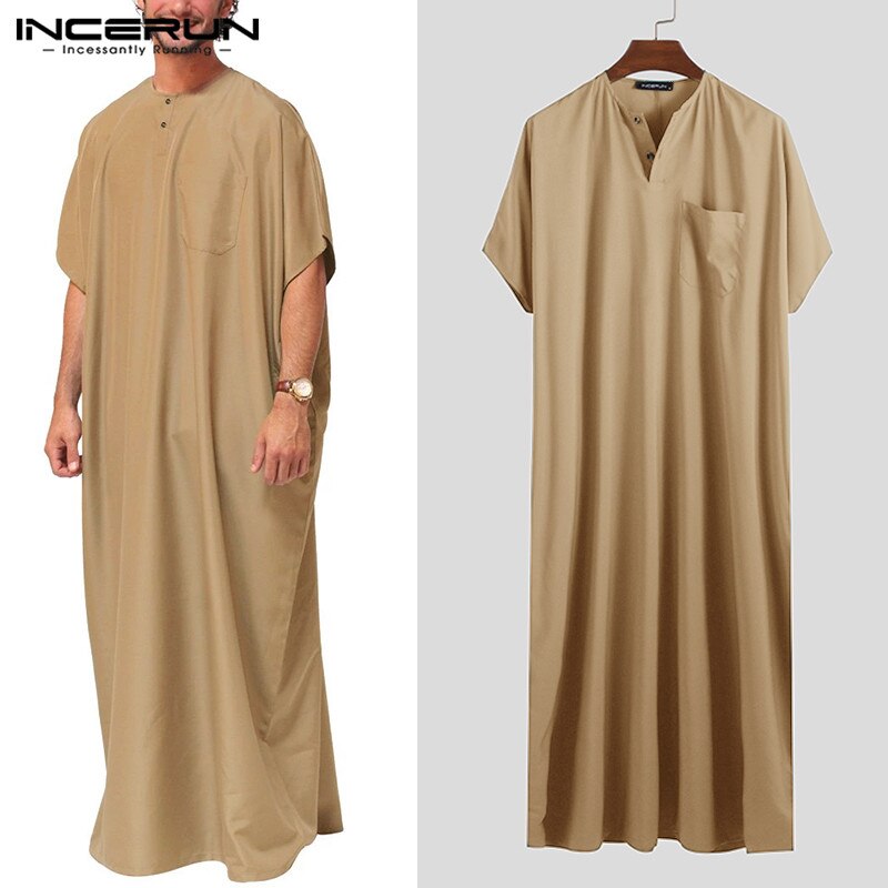 Men Saudi Arabia Traditional Man Muslim Jubba Thobe Pure Color Round Collar Long Robe Half Sleeve Pullover Gown