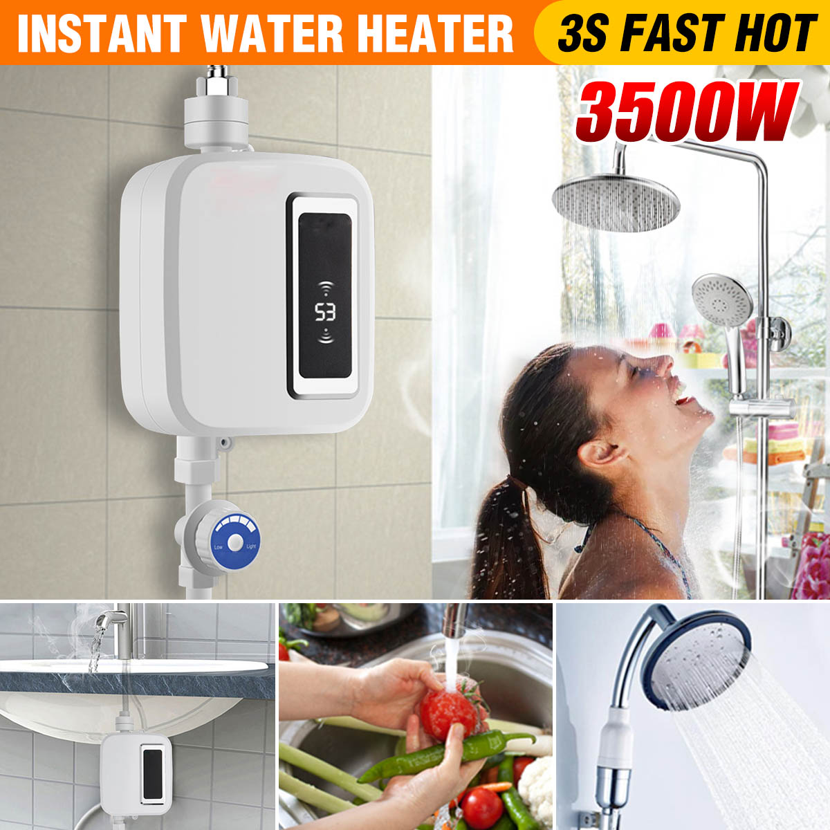 3500W Water Heater Bathroom Kitchen Instant Electric Hot Water Heater Tap Temperature LCD Display Faucet Shower Tankless