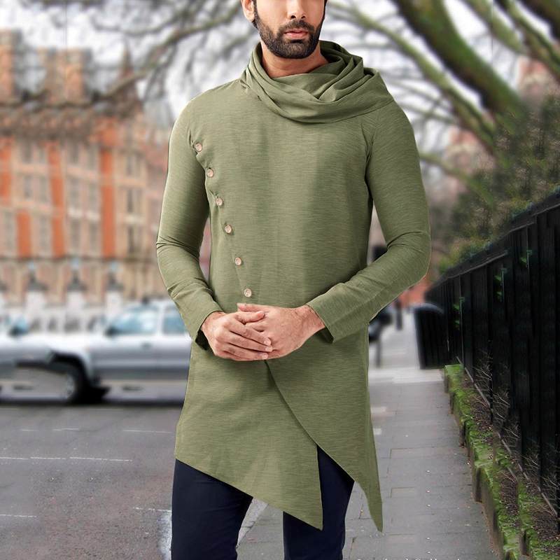 Men Indian Shirts Long Sleeve Turtleneck Vintage Solid Button Irregular Long Tops Dress Shirts Men Muslim Clothing