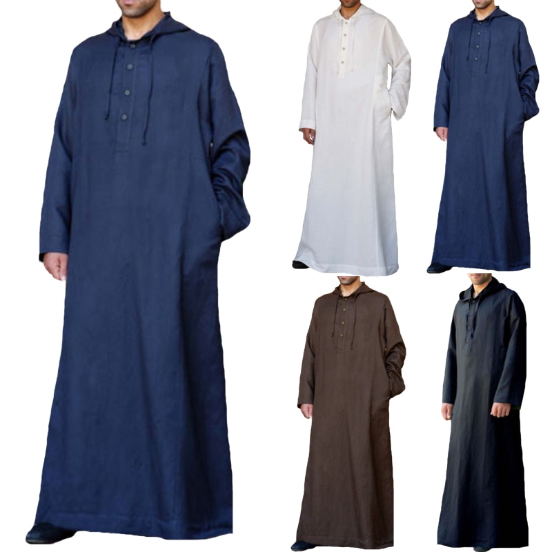 Muslim Robe Hoodies Dressing Mens Saudi Arab Long Sleeve Thobe Jubba Thobe Kaftan Long Islamic Jubba Thobe Man Clothing Hiphop