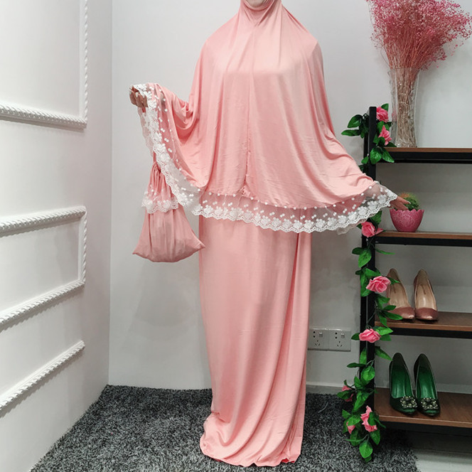 Muslim Two-Piece Set Women Prayer Garment Top and Skirt Ramadan Worship Robe Lace Big Swing Maxi Skirts Kaftan Islamic Clothing