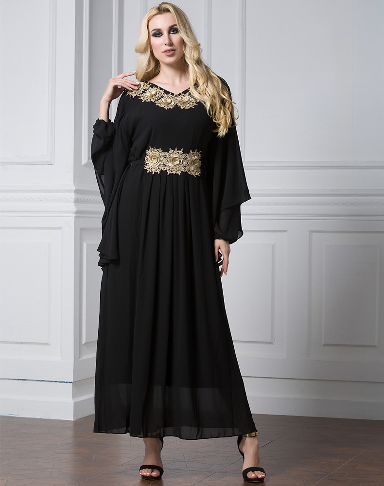 Women Muslim Maxi Dress Embroidery Long Sleeve Abaya Kaftan Islamic Arab Dubai Robe Chiffon Dress LF-30